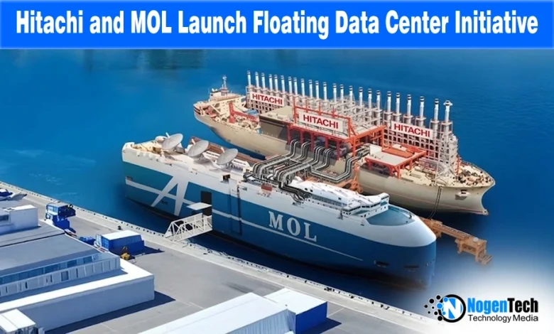 Digital illustration of a floating data center on the ocean, representing the Hitachi and MOL partnership