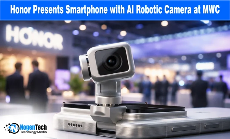 Honor Presents Smartphone with AI Robotic Camera at MWC" with instadp watermark on a photo of the Honor Robot Phone.