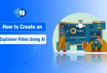 Digital illustration of two people working on laptops beside a large screen with multimedia icons and a floating AI robot, symbolizing explainer video creation using AI