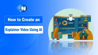 Digital illustration of two people working on laptops beside a large screen with multimedia icons and a floating AI robot, symbolizing explainer video creation using AI