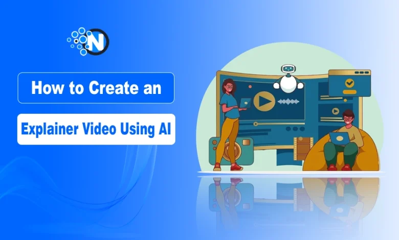 Digital illustration of two people working on laptops beside a large screen with multimedia icons and a floating AI robot, symbolizing explainer video creation using AI