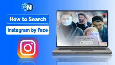 Digital illustration showing facial recognition tool for Instagram search