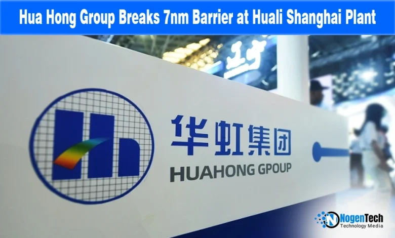 Hua Hong logo and 7nm semiconductor wafer graphic representing China's second-largest chipmaker advancing its AI chip production capabilities