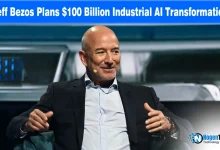 Jeff Bezos with a futuristic factory background and text "Jeff Bezos Seeks $100 Billion to Transform Legacy Manufacturing With AI."