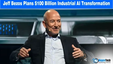 Jeff Bezos with a futuristic factory background and text "Jeff Bezos Seeks $100 Billion to Transform Legacy Manufacturing With AI."