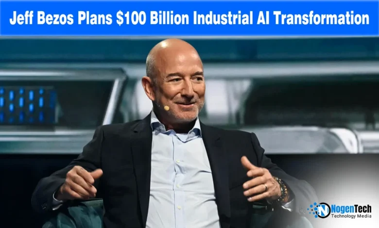 Jeff Bezos with a futuristic factory background and text "Jeff Bezos Seeks $100 Billion to Transform Legacy Manufacturing With AI."