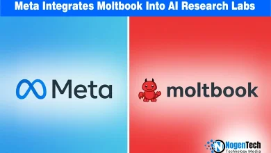 Meta logo and Moltbook AI agent network graphic representing the March acquisition and research into agentic ecosystems.