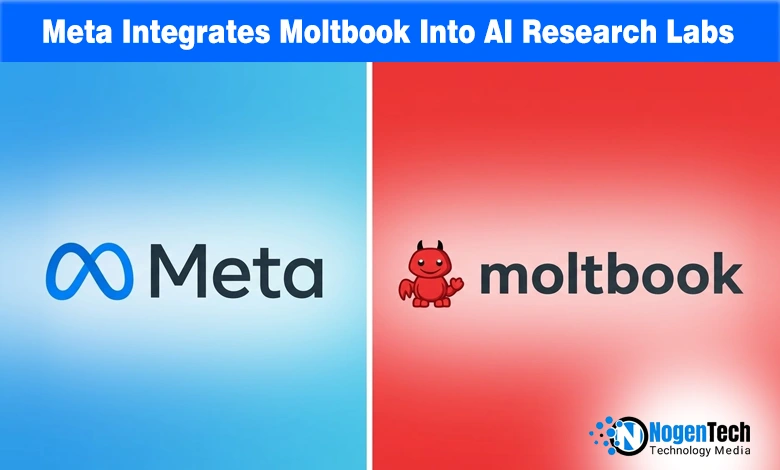 Meta logo and Moltbook AI agent network graphic representing the March acquisition and research into agentic ecosystems.