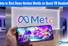 Meta Quest headset with a notification about the Horizon Worlds VR shutdown, highlighting the June discontinuation and shift to mobile.