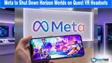 Meta Quest headset with a notification about the Horizon Worlds VR shutdown, highlighting the June discontinuation and shift to mobile.