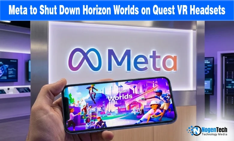 Meta Quest headset with a notification about the Horizon Worlds VR shutdown, highlighting the June discontinuation and shift to mobile.