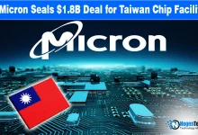 Micron logo and Taiwanese semiconductor fab graphic representing the $1.8 billion acquisition expansion of the Tongluo chip facility.