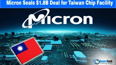 Micron logo and Taiwanese semiconductor fab graphic representing the $1.8 billion acquisition expansion of the Tongluo chip facility.