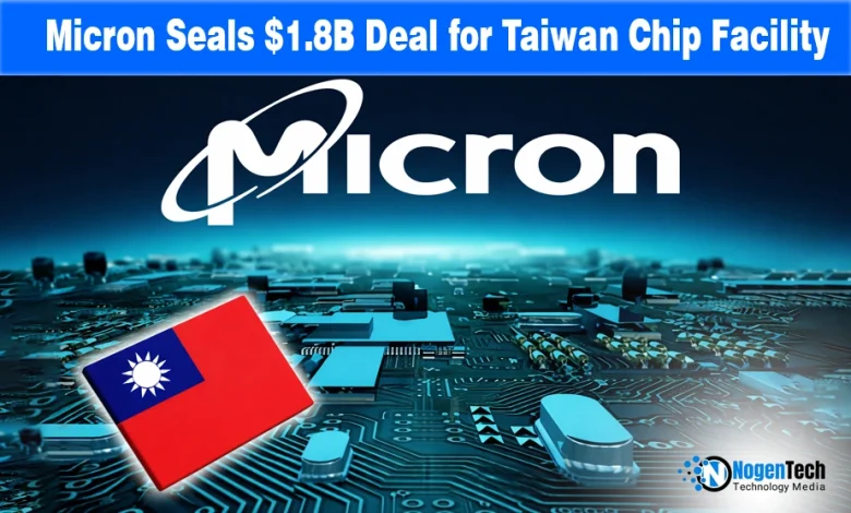 Micron logo and Taiwanese semiconductor fab graphic representing the $1.8 billion acquisition expansion of the Tongluo chip facility.