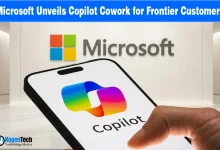 Microsoft logo and a smartphone showing the Copilot AI logo on a white background