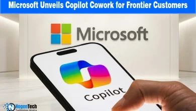 Microsoft logo and a smartphone showing the Copilot AI logo on a white background