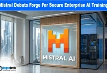 Mistral AI logo on an office glass wall representing the launch of Forge, a private enterprise AI training platform
