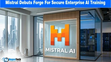 Mistral AI logo on an office glass wall representing the launch of Forge, a private enterprise AI training platform