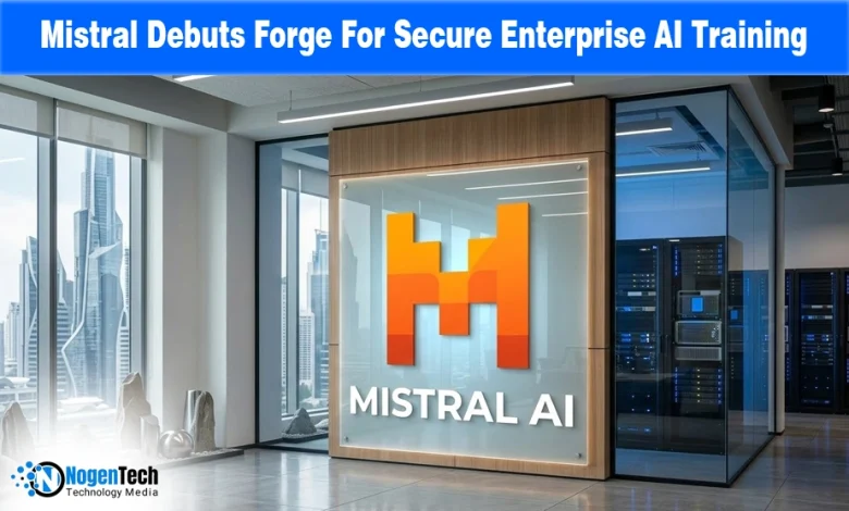 Mistral AI logo on an office glass wall representing the launch of Forge, a private enterprise AI training platform