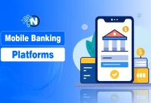 Smartphone showing a modern banking app interface with 3D icons for AI support and instant payments, titled "Mobile Banking Platforms."