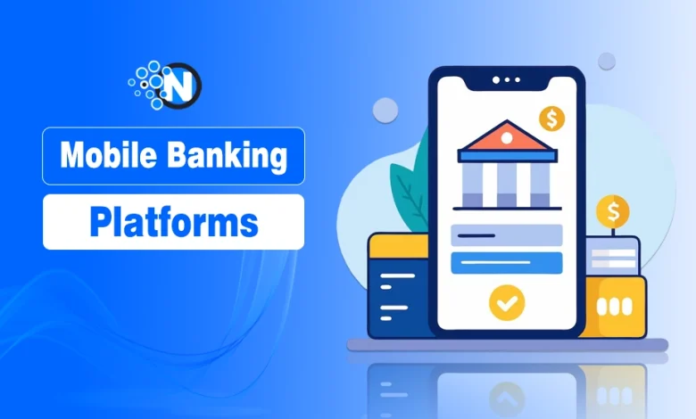 Smartphone showing a modern banking app interface with 3D icons for AI support and instant payments, titled "Mobile Banking Platforms."