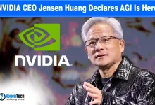 Jensen Huang speaking at a podium with the Nvidia logo, under a headline declaring that AGI has been achieved.