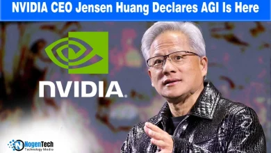 Jensen Huang speaking at a podium with the Nvidia logo, under a headline declaring that AGI has been achieved.