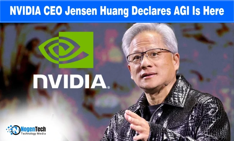 Jensen Huang speaking at a podium with the Nvidia logo, under a headline declaring that AGI has been achieved.
