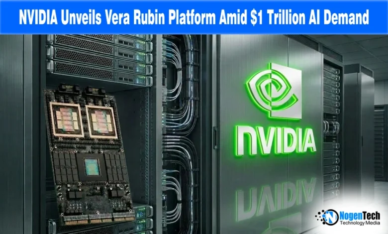 NVIDIA Vera Rubin GPU platform and server rack graphic, highlighting the launch amid massive AI demand.