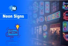 Night street filled with glowing neon signs and text "Neon Signs" on a blue branding banner.