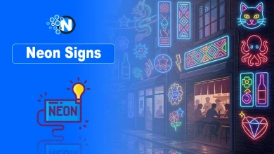 Night street filled with glowing neon signs and text "Neon Signs" on a blue branding banner.