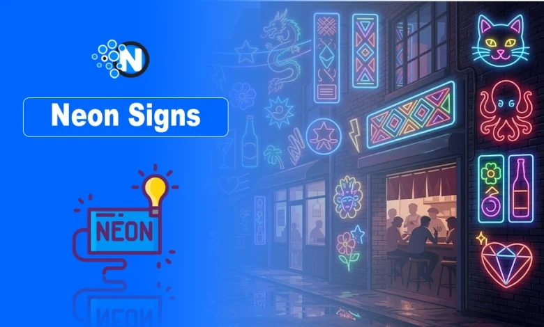 Night street filled with glowing neon signs and text "Neon Signs" on a blue branding banner.