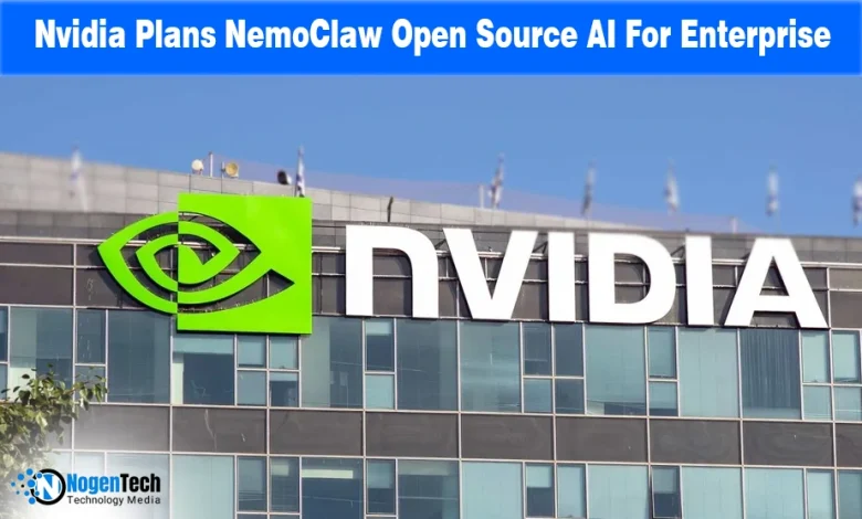 NVIDIA NeMoClaw logo with a digital circuit background and text "NVIDIA Plans NeMoClaw Open Source AI Agent for Enterprise Applications.