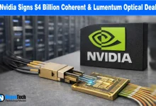 Nvidia logo with Lumentum and Coherent logos on a digital background of optical networking fiber optics.