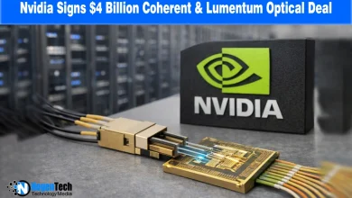 Nvidia logo with Lumentum and Coherent logos on a digital background of optical networking fiber optics.