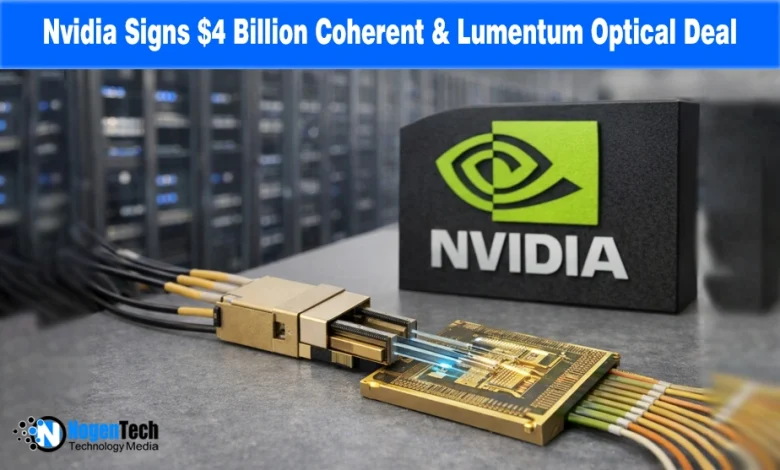 Nvidia logo with Lumentum and Coherent logos on a digital background of optical networking fiber optics.