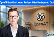 Portrait of Caitlin Kalinowski and the OpenAI logo, illustrating resignation over the company's military AI contract.