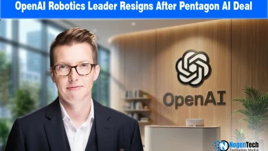 Portrait of Caitlin Kalinowski and the OpenAI logo, illustrating resignation over the company's military AI contract.