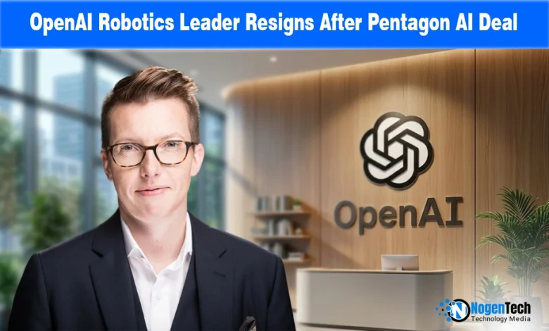 Portrait of Caitlin Kalinowski and the OpenAI logo, illustrating resignation over the company's military AI contract.