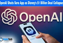 Hand holding a smartphone with the Sora app icon in front of an OpenAI logo, illustrating the Disney deal collapse.