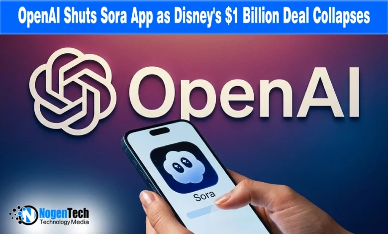 Hand holding a smartphone with the Sora app icon in front of an OpenAI logo, illustrating the Disney deal collapse.