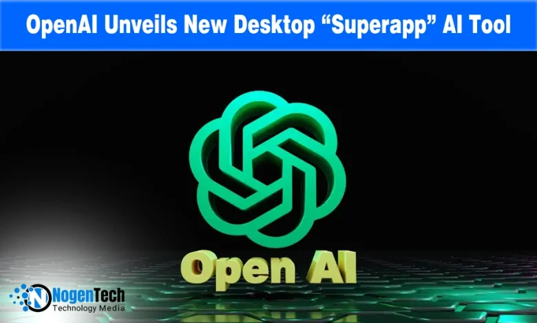 OpenAI logo on a dark background with blue header text "OpenAI Unveils New Desktop 'Superapp' AI Tool.