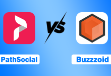 PathSocial vs Buzzzoid logos compared on a blue gradient background