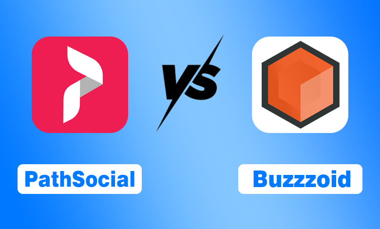 PathSocial vs Buzzzoid logos compared on a blue gradient background