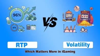 Comparison graphic illustrating RTP (Return to Player) vs. Volatility in iGaming, with icons representing payout percentages, risk levels, and slot features.