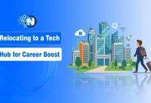 Professional relocating to a modern tech city with suitcase symbolizing career growth in a technology hub