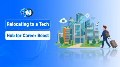 Professional relocating to a modern tech city with suitcase symbolizing career growth in a technology hub