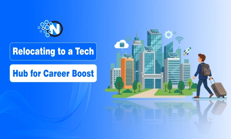 Professional relocating to a modern tech city with suitcase symbolizing career growth in a technology hub