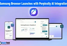 Samsung Internet and Perplexity AI logos on a blue background, announcing the browser's Windows launch