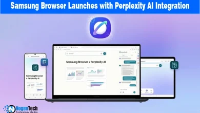 Samsung Internet and Perplexity AI logos on a blue background, announcing the browser's Windows launch